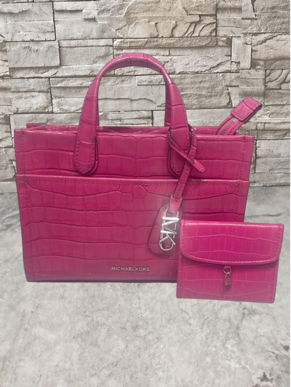 Michael Kors Gigi Medium Crocodile Embossed Satchel Messenger Bag Cerise Pink